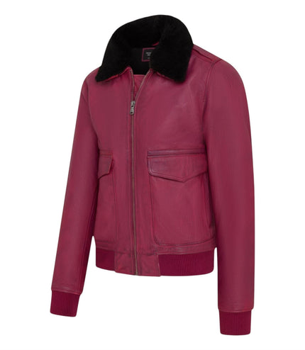 Mens Burgundy Leather Aviator Bomber Jacket - Lunar