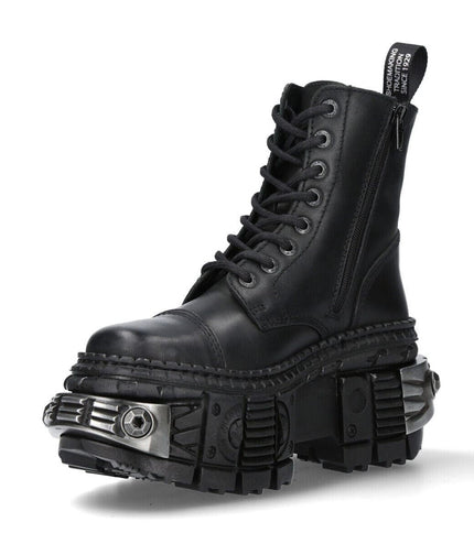 New Rock Metallic Black Leather Boots-WALL083C-S4
