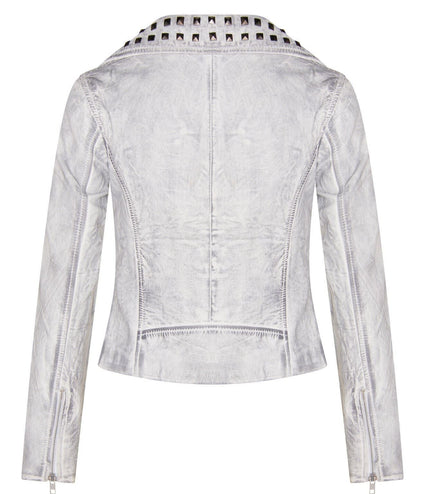 Womens Gothic Biker Leather Jacket with Studs-Bilbao - White