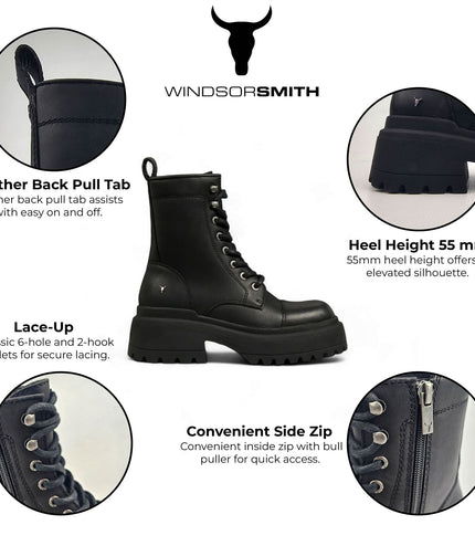 Windsorsmith Womens Black Leather Chunky Platform Combat Boots - Destroy