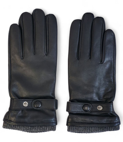 Men's Black Italian Leather Warm Wool Lining Winter Knit Rib Gloves - M-LGV-105
