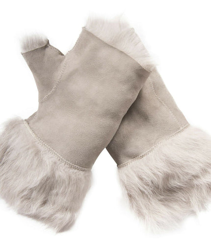 Womens Shearling  Mittens Fingerless Cuffs Toscana Suede Sheepskin Fur - Light Grey