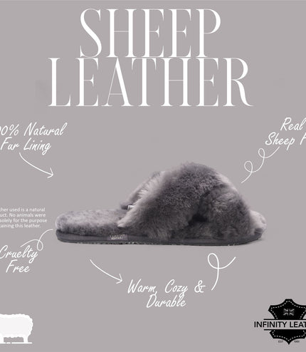 Women's Sheepskin Slippers Grey Warm Winter Fur Crossover - Snowbelle