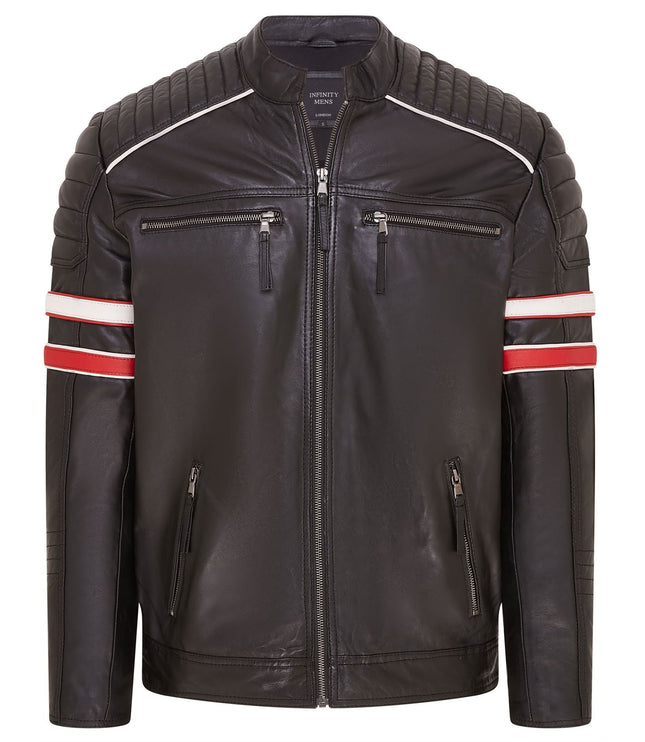 Mens Quilted Biker Leather Jacket Racing Jacket - Black