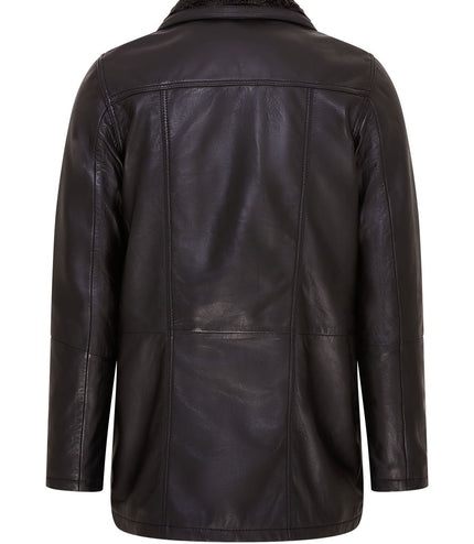 Mens Leather Jacket Classic Trench Coat with Removable Collar Mid Length Warm Overcoat - Black