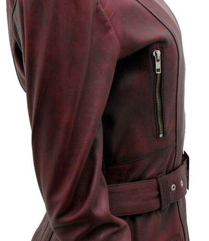 Womens Long Leather Biker Jacket-Quito - Burgundy
