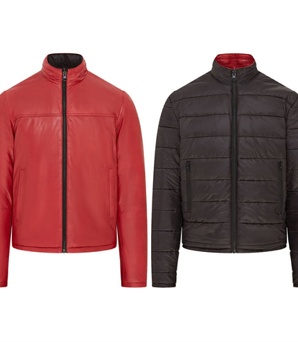 Mens Reversible Hooded Leather Jacket Premium Lambskin Napa - Red/Black