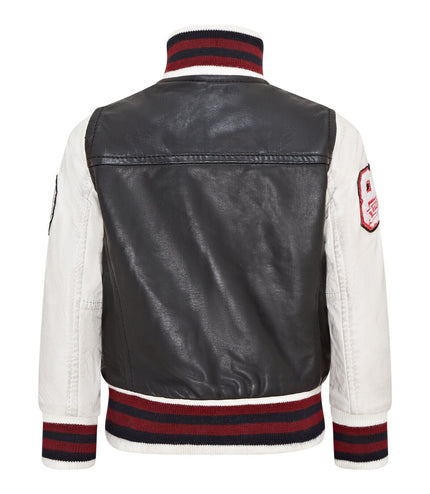 Kids Black Letterman Leather Varsity College Bomber Jacket