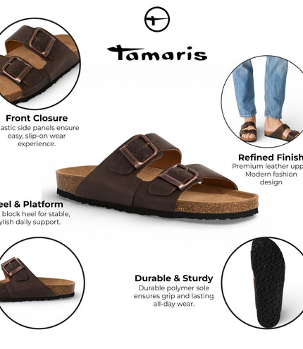 Tamaris Men's Brown Leather Slip-On Footbed Slipper Sandals