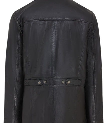 Men's Leather Military Jacket Outwear Trenchcoat - Field - Black