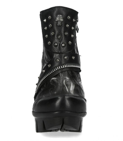 New Rock Womens Neopunk001-C19 Black Gothic Heeled Punk Leather Ankle Boots