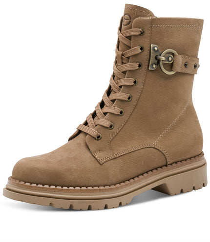 Tamaris Womens Fashion Camel Beige Leather Lace-Up Zip Combat Ankle Boots
