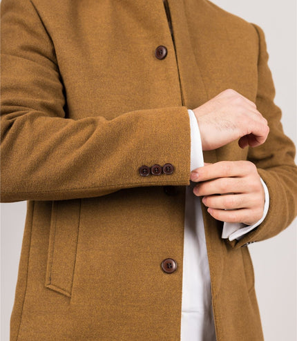 Men's Tan Stand Collar Wool Blend Overcoat