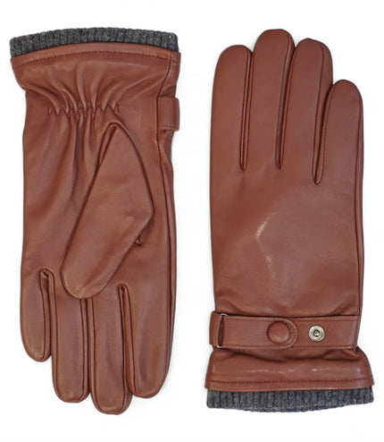 Men's Tan Brown Italian Leather Warm Wool Lining Winter Knit Rib Gloves - M-LGV-105