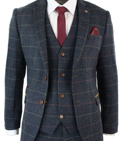Mens 3 Piece Navy Blue Herringbone Check Vintage Suit