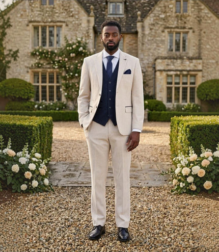 Men's Check Cream Blazer Navy Waistcoat Wedding 3 Piece Suit - Regent