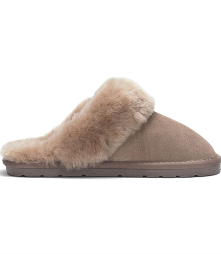 Women's Genuine Sheepskin Taupe Suede Mule Winter Slippers - Luna