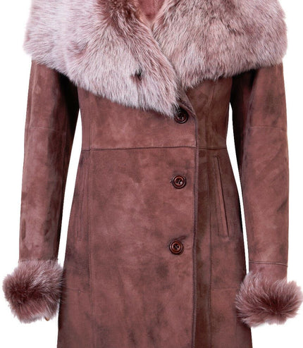 Womens Suede Merino Shearling Coat with Toscana Collar-Hanoi - Brown