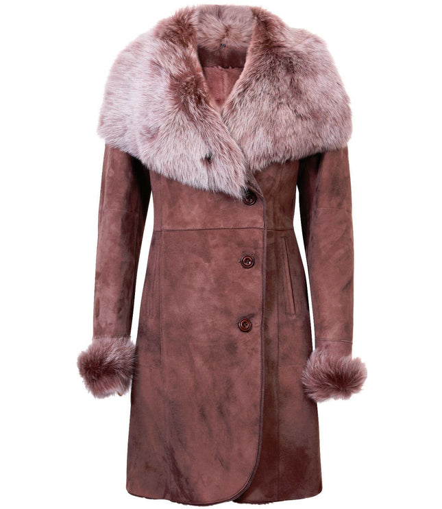Womens Suede Merino Shearling Coat with Toscana Collar-Hanoi - Brown