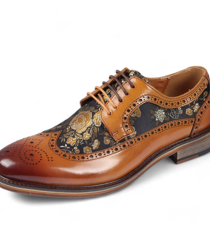 Justin Reess Men's Brown Leather Floral Print Brogue Dress Shoes - Ross