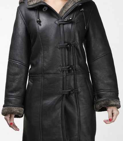Womens Black Shearling Hooded Duffle Coat-Lille