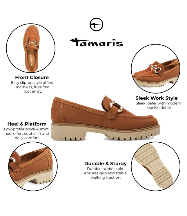 Tamaris Womens Cognac Tan Brown Leather Loafers Slip-On Platform Shoes