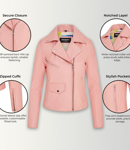 Women's Classic Brando Biker Leather Jacket - Broome - Baby Pink