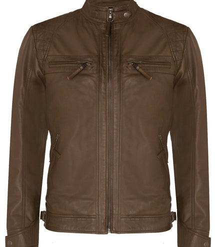Men's Vintage Leather Quilted Biker Jacket-Monaco - Vintage Brown