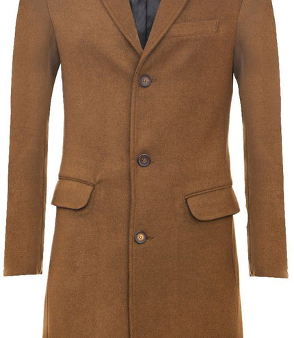 Men's Long Brown Wool Slim Fit Overcoat