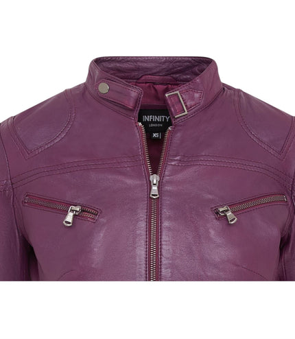 Womens Slim-Fit Leather Biker Jacket-Maldon - Purple