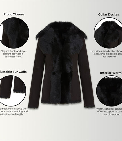 Women's Black Sheepskin Toscana Shearling Suede Leather Jacket - Noir