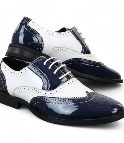 Men's Patent Lace-Up Navy White Brogues Smart Dress Shoes