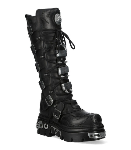 New Rock M-161-C10 Knee High Black Leather Spiked Gothic Boots