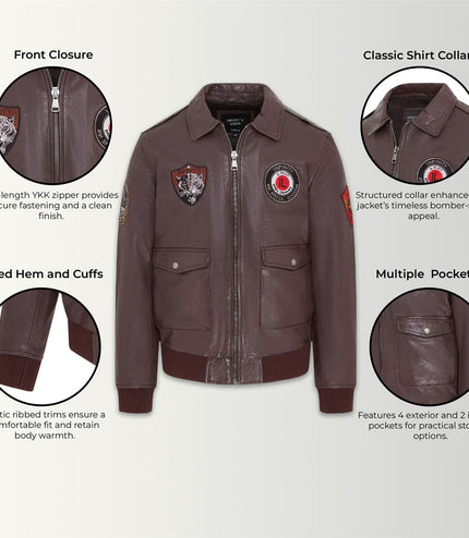 Men's Brown Leather Bomber G-1 Aviator Collar Jacket  - Maverick
