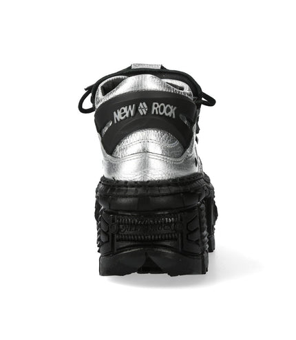 New Rock M-106Wall-C29 Metallic Silver Black Leather Gothic Ankle Boots