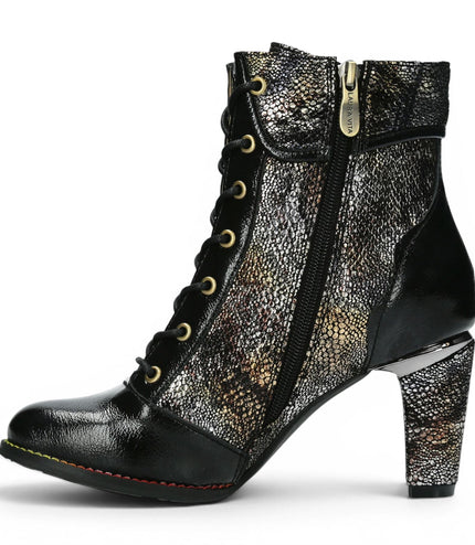 Laura Vita Women’s Black Leather Floral Heeled Lace-Up Boots - Alcbaneo 173