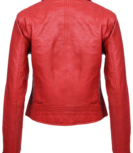 Womens Leather Classic Biker Brando Jacket-Baku - Red