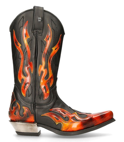 New Rock Flame Accented Black/Red Mid-Calf Cowboy Boots -7921-S2