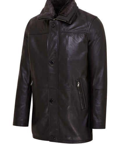 Mens Leather Jacket Classic Trench Coat with Removable Collar Mid Length Warm Overcoat - Black