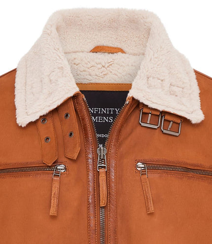 Mens Real Sheep Suede Bomber Jacket Aviator Jacket with Fur Lining - Tan