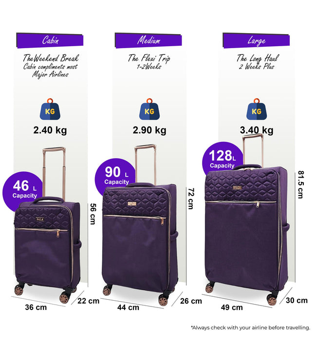 Bexley Set of 3 Soft Shell Suitcase in Purple