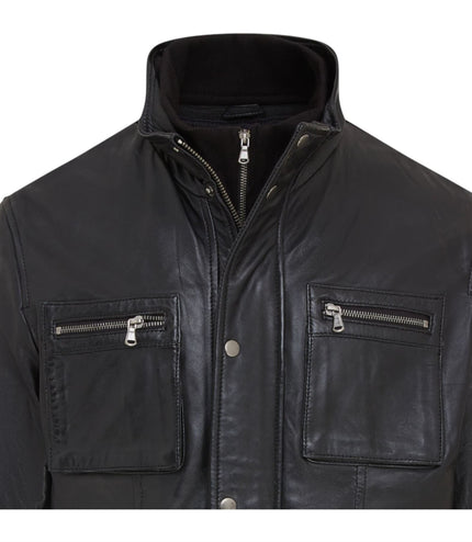 Men's Leather Military Jacket Outwear Trenchcoat - Field - Black