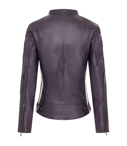 Womens Biker Racing Badges Purple Leather Jacket-Eastleigh