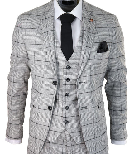 Mens 3 Piece Tweed Suit Grey Check Peaky Blinders 1920 Gatsby Wedding Suit