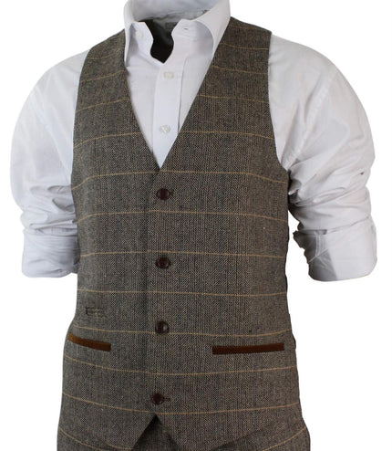Mens 3 Piece Tan Tweed Check Suit