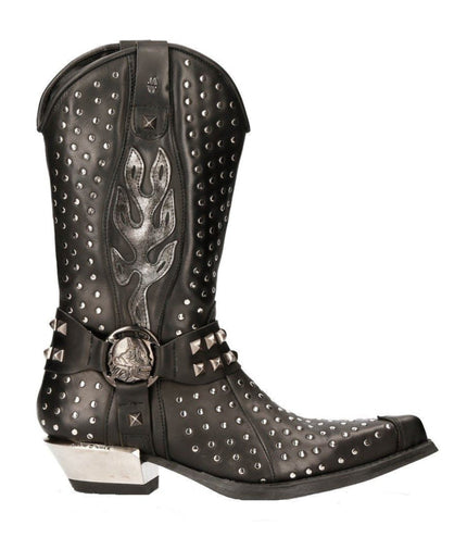New Rock Black Leather Studded Cowboy Boots- M-7928-S1