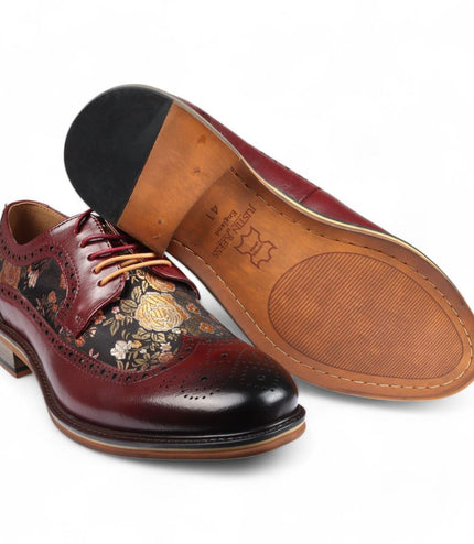 Justin Reess Men's Wine Leather Floral Print Brogue Dress Shoes - Ross