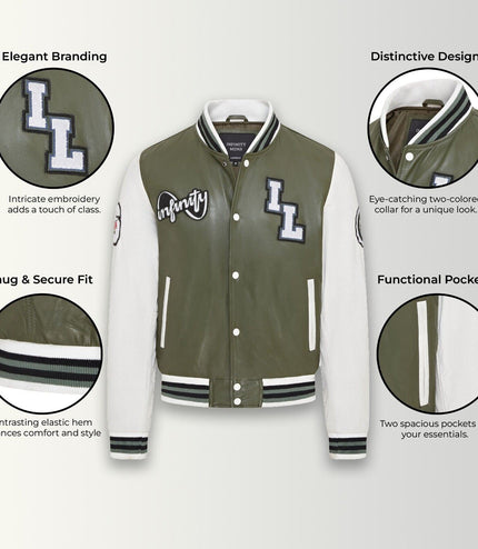 Mens Baseball Leather Letterman Bomber Jacket - Ashwood - Green