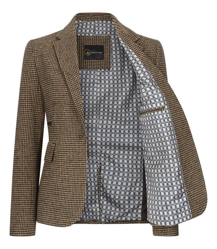 Women's Tailored Brown Dogtooth Wool Blend Tweed Blazer