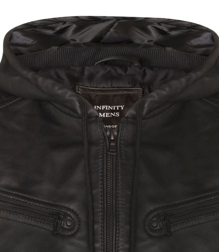 Mens Leather Hooded Retro Bomber Jacket - Skopje - Black